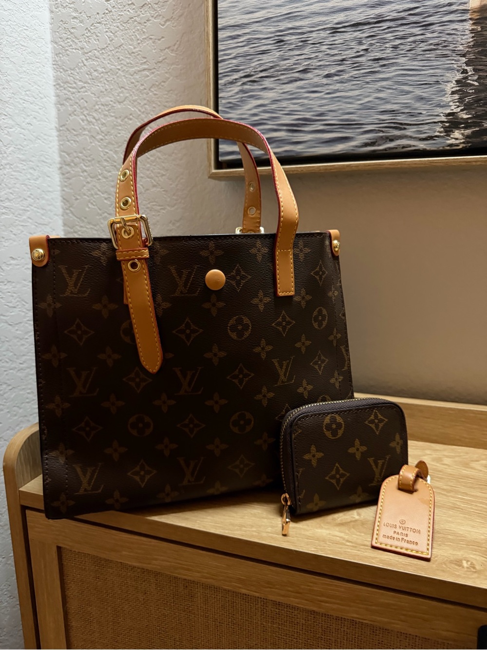 Designer Inspired Monogram Canvas Tote with Tan Leather Trim